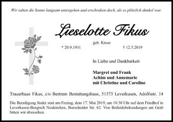 Anzeige von Liselotte Fikus von Kölner Stadt-Anzeiger / Kölnische Rundschau / Express