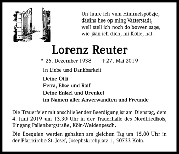 Anzeige von Lorenz Reuter von Kölner Stadt-Anzeiger / Kölnische Rundschau / Express