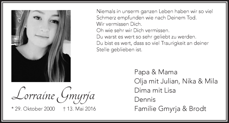  Traueranzeige für Lorraine Gmyrja vom 15.05.2019 aus  Lokalanzeiger 