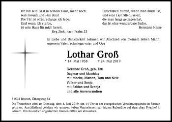 Anzeige von Lothar Groß von Kölner Stadt-Anzeiger / Kölnische Rundschau / Express