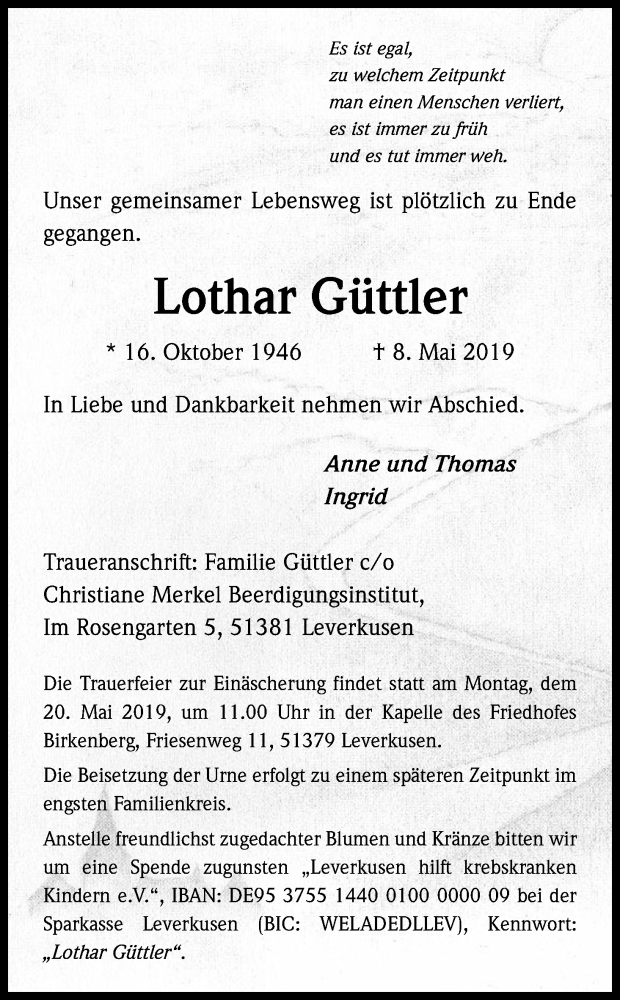  Traueranzeige für Lothar Güttler vom 15.05.2019 aus Kölner Stadt-Anzeiger / Kölnische Rundschau / Express