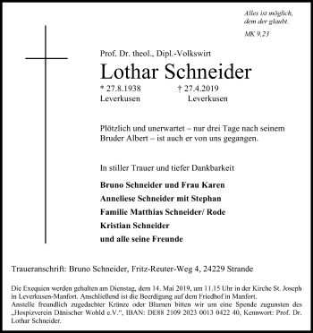 Anzeige von Lothar Schneider von Kölner Stadt-Anzeiger / Kölnische Rundschau / Express
