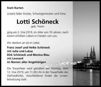Anzeige von Lotti Schöneck von Kölner Stadt-Anzeiger / Kölnische Rundschau / Express