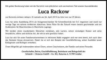 Anzeige von Luca Rackow von Kölner Stadt-Anzeiger / Kölnische Rundschau / Express