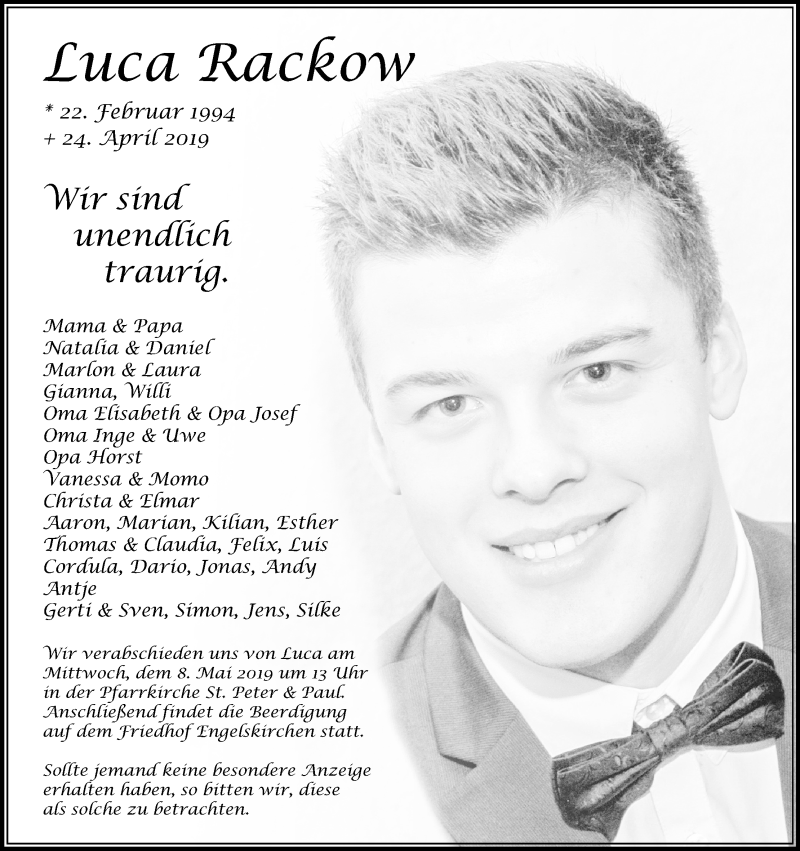  Traueranzeige für Luca Rackow vom 07.05.2019 aus Kölner Stadt-Anzeiger / Kölnische Rundschau / Express