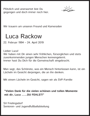 Anzeige von Luca Rackow von Kölner Stadt-Anzeiger / Kölnische Rundschau / Express