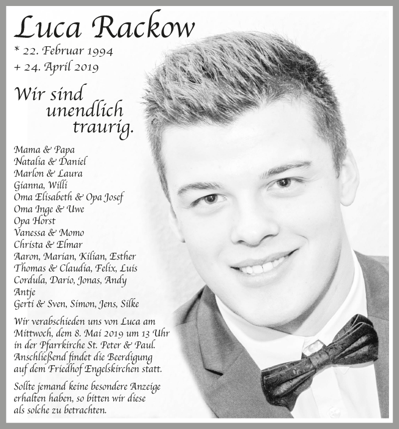  Traueranzeige für Luca Rackow vom 08.05.2019 aus  Anzeigen Echo 