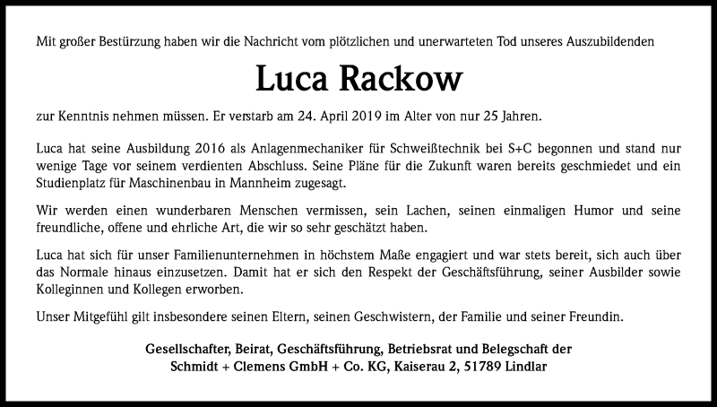  Traueranzeige für Luca Rackow vom 07.05.2019 aus Kölner Stadt-Anzeiger / Kölnische Rundschau / Express