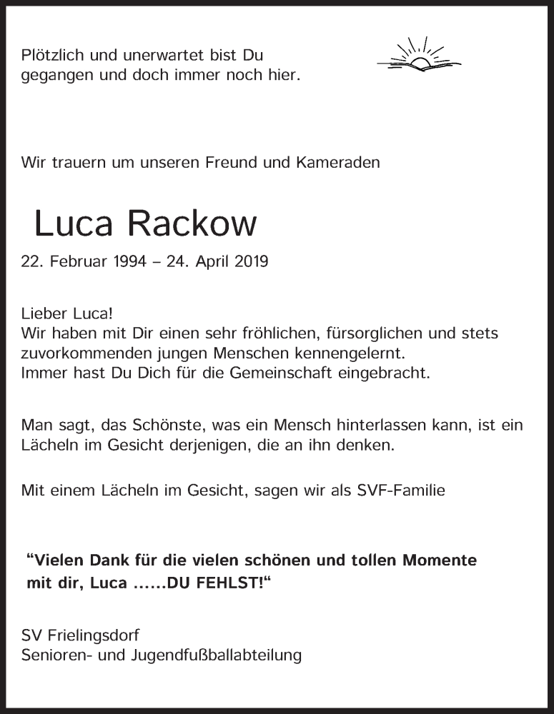  Traueranzeige für Luca Rackow vom 08.05.2019 aus Kölner Stadt-Anzeiger / Kölnische Rundschau / Express