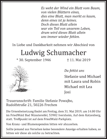 Anzeige von Ludwig Schumacher von  Sonntags-Post 
