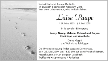 Anzeige von Luise Paape von  Bergisches Sonntagsblatt 