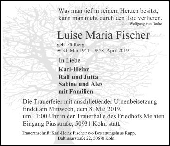 Anzeige von Luise Maria Fischer von Kölner Stadt-Anzeiger / Kölnische Rundschau / Express