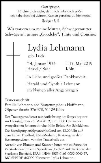Anzeige von Lydia Lehmann von Kölner Stadt-Anzeiger / Kölnische Rundschau / Express