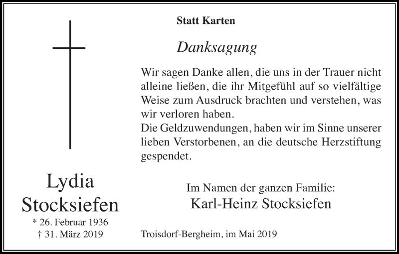  Traueranzeige für Lydia Stocksiefen vom 22.05.2019 aus Kölner Stadt-Anzeiger / Kölnische Rundschau / Express