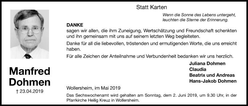  Traueranzeige für Manfred Dohmen vom 25.05.2019 aus  Blickpunkt Euskirchen 