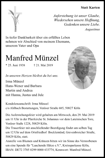 Anzeige von Manfred Münzel von Kölner Stadt-Anzeiger / Kölnische Rundschau / Express