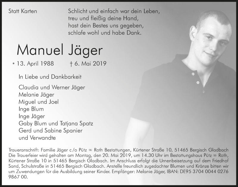  Traueranzeige für Manuel Jäger vom 15.05.2019 aus  Bergisches Handelsblatt 