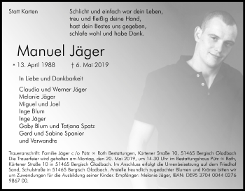 Anzeige von Manuel Jäger von Kölner Stadt-Anzeiger / Kölnische Rundschau / Express
