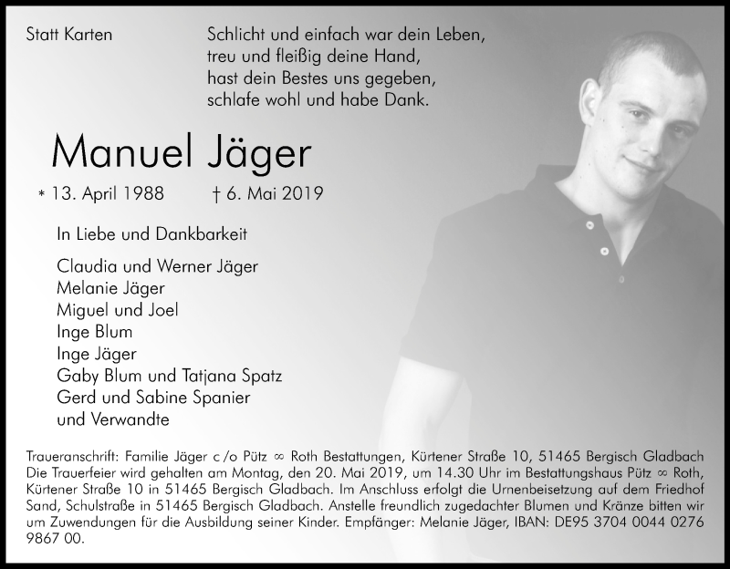  Traueranzeige für Manuel Jäger vom 15.05.2019 aus Kölner Stadt-Anzeiger / Kölnische Rundschau / Express