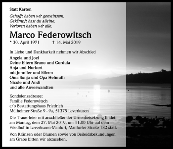 Anzeige von Marco Federowitsch von Kölner Stadt-Anzeiger / Kölnische Rundschau / Express