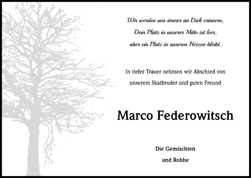  Traueranzeige für Marco Federowitsch vom 24.05.2019 aus Kölner Stadt-Anzeiger / Kölnische Rundschau / Express