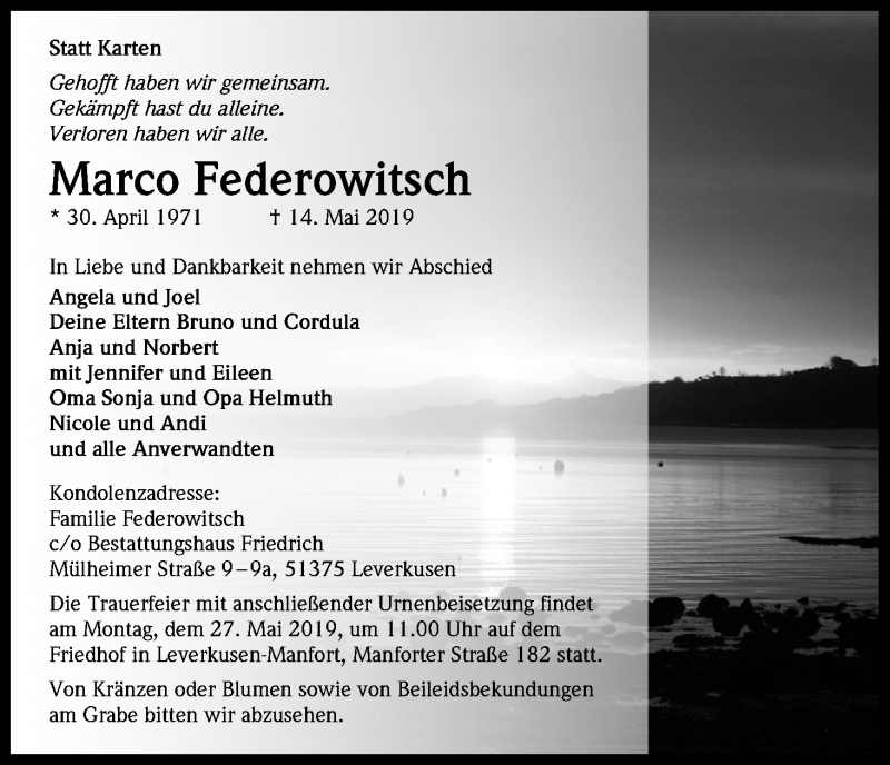  Traueranzeige für Marco Federowitsch vom 17.05.2019 aus Kölner Stadt-Anzeiger / Kölnische Rundschau / Express
