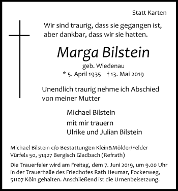 Anzeige von Marga Bilstein von Kölner Stadt-Anzeiger / Kölnische Rundschau / Express