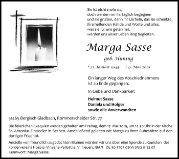 Anzeige von Marga Sasse von Kölner Stadt-Anzeiger / Kölnische Rundschau / Express