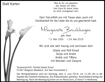 Anzeige von Margarete Bruchhagen von Kölner Stadt-Anzeiger / Kölnische Rundschau / Express