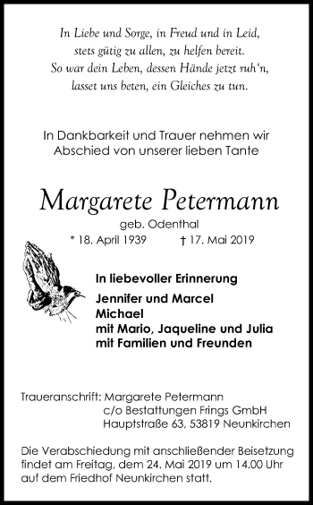 Anzeige von Margarete Petermann von Kölner Stadt-Anzeiger / Kölnische Rundschau / Express