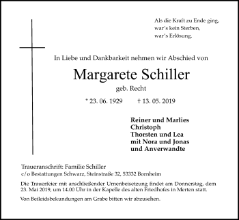 Anzeige von Margarete Schiller von Kölner Stadt-Anzeiger / Kölnische Rundschau / Express