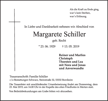 Anzeige von Margarete Schiller von  Schlossbote/Werbekurier 