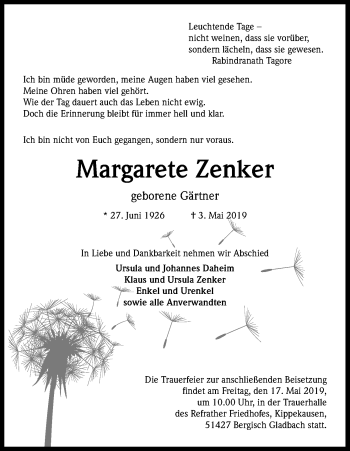 Anzeige von Margarete Zenker von Kölner Stadt-Anzeiger / Kölnische Rundschau / Express