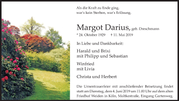 Anzeige von Margot Darius von Kölner Stadt-Anzeiger / Kölnische Rundschau / Express