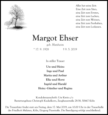 Anzeige von Margot Ehser von Kölner Stadt-Anzeiger / Kölnische Rundschau / Express