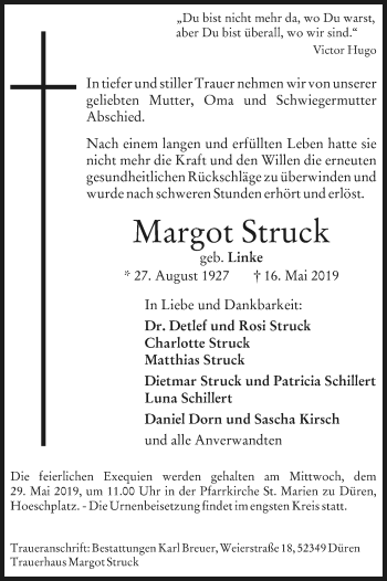 Anzeige von Margot Struck von Kölner Stadt-Anzeiger / Kölnische Rundschau / Express