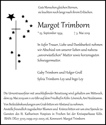 Anzeige von Margot Trimborn von Kölner Stadt-Anzeiger / Kölnische Rundschau / Express