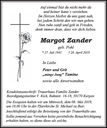 Anzeige von Margot Zander von  Sonntags-Post 