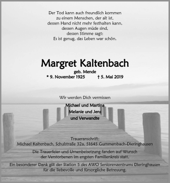 Anzeige von Margret Kaltenbach von  Anzeigen Echo 