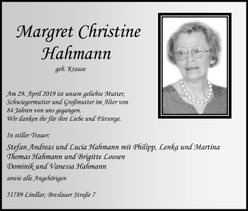 Anzeige von Margret Christine Hahmann von Kölner Stadt-Anzeiger / Kölnische Rundschau / Express