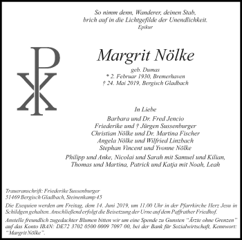 Anzeige von Margrit Nölke von Kölner Stadt-Anzeiger / Kölnische Rundschau / Express