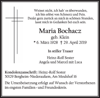 Anzeige von Maria Bochacz von  Sonntags-Post 