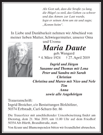 Anzeige von Maria Daute von  Wochenende 