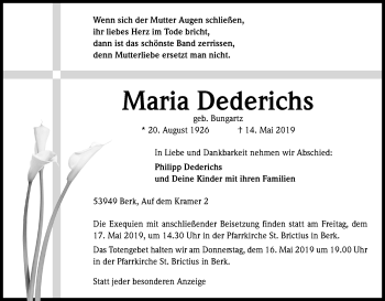 Anzeige von Maria Dederichs von Kölner Stadt-Anzeiger / Kölnische Rundschau / Express