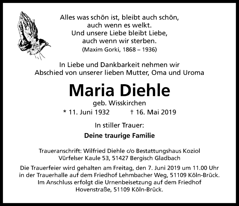  Traueranzeige für Maria Diehle vom 25.05.2019 aus Kölner Stadt-Anzeiger / Kölnische Rundschau / Express