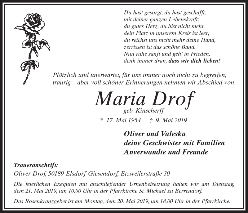  Traueranzeige für Maria Drof vom 18.05.2019 aus  Sonntags-Post 