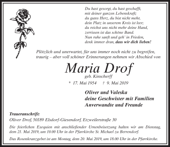 Anzeige von Maria Drof von  Sonntags-Post 