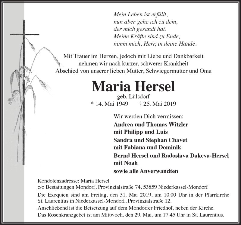  Traueranzeige für Maria Hersel vom 29.05.2019 aus  Extra Blatt 