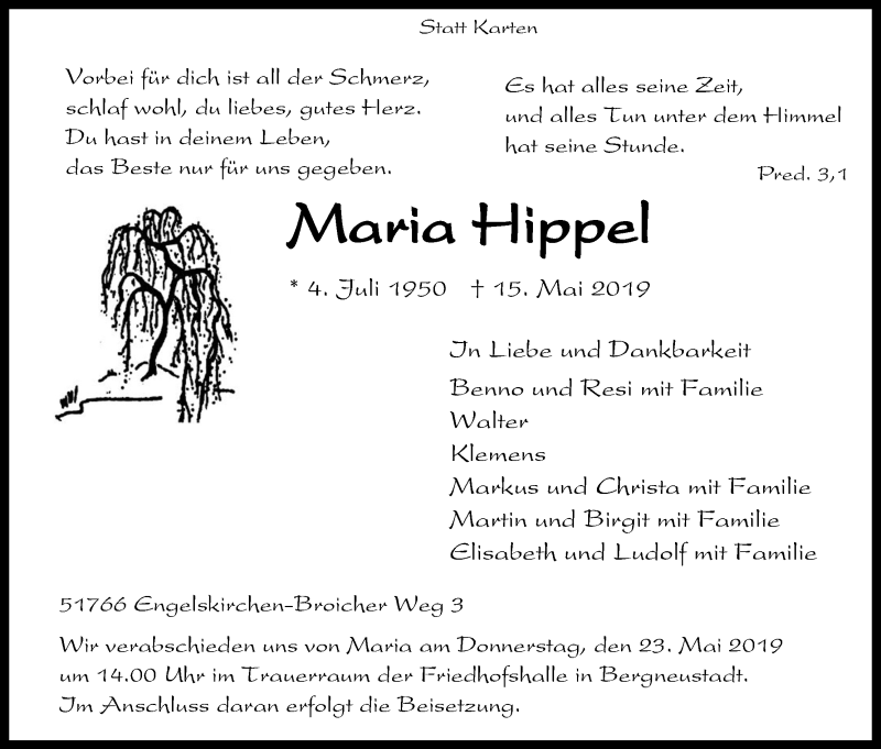  Traueranzeige für Maria Hippel vom 18.05.2019 aus Kölner Stadt-Anzeiger / Kölnische Rundschau / Express