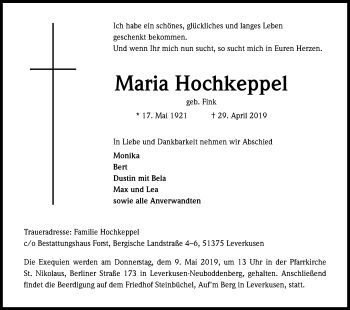 Anzeige von Maria Hochkeppel von Kölner Stadt-Anzeiger / Kölnische Rundschau / Express